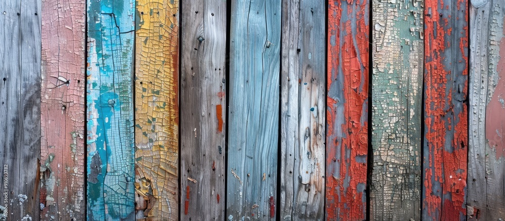 Aufkleber A weathered multi colored wooden fence with an aged cracked surface against a rustic background ideal for a copy space image