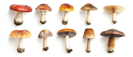 A collection of various mushroom species showcasing diverse shapes, sizes, and colors on a clean white background.