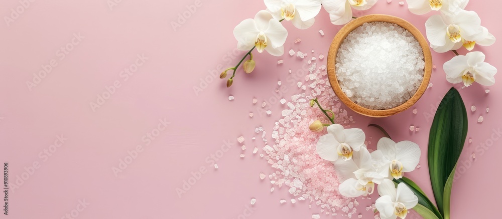 Poster flat lay setup featuring white spa sea salt a white orchid and room for text on a pink backdrop embo