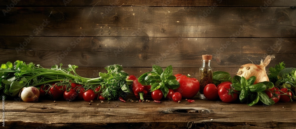 Poster rustic style wooden table adorned with freshly harvested organic vegetables creating a charming scen