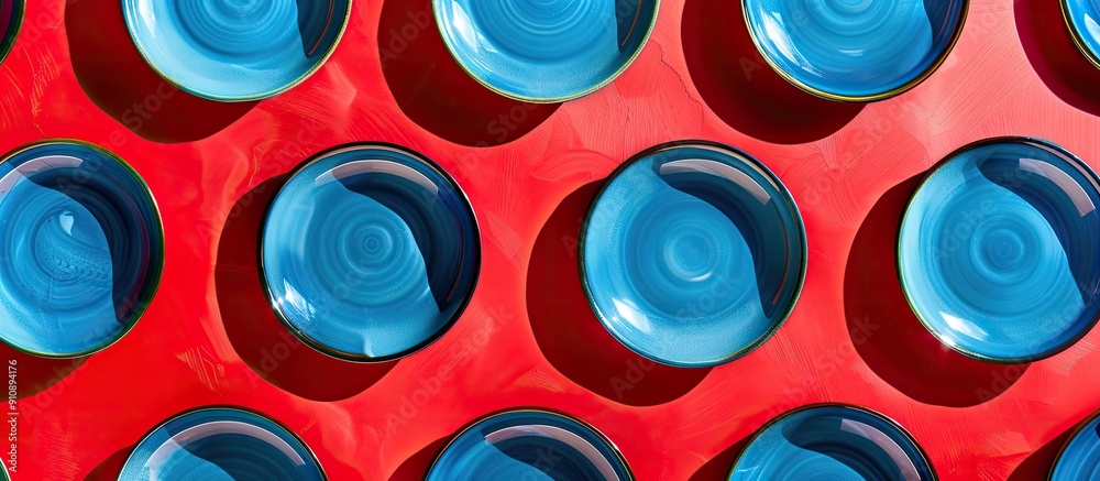 Poster top view of a striking pattern of blue plates on a vibrant red backdrop with ample copy space image