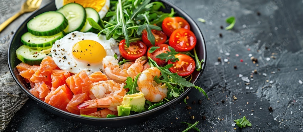 Poster Salmon and shrimp salad with tomatoes cucumbers arugula eggs and avocado Suitable for ketogenic and paleo diets Ideal for copy space image