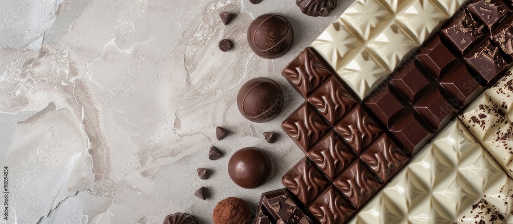 Poster variety of luxurious chocolates in white dark and milk set against a sweet themed backdrop with a bl