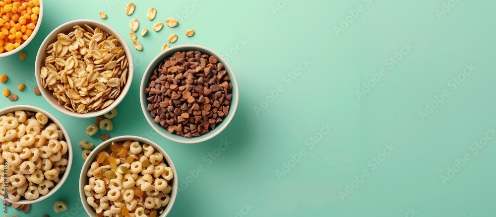 Aufkleber varied dry breakfast cereals displayed in bowls on a soft green backdrop from an overhead perspectiv