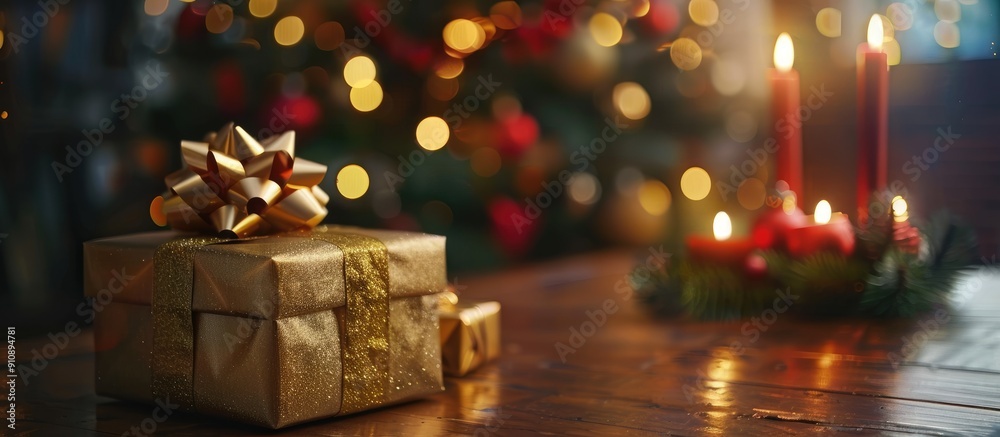 Aufkleber A golden gift box rests on the table with a Christmas tree and red candlesticks in the background creating a festive setting for a copy space image