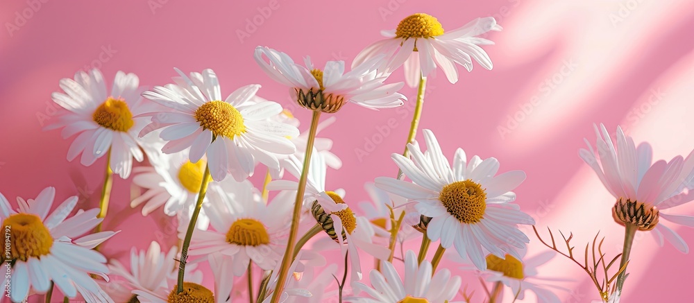 Aufkleber white chamomile flowers on a pink backdrop with sunlight shining creating a vibrant and serene copy 