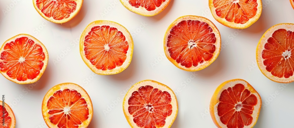 Poster Top view of grapefruit halves arranged on a clean white surface with ample space for text or graphics