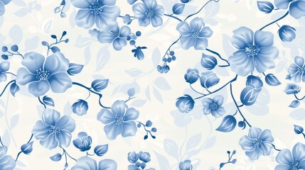 Seamless pattern of blue floral designs isolated on white background. Ideal for elegant and nature-inspired projects and textiles.