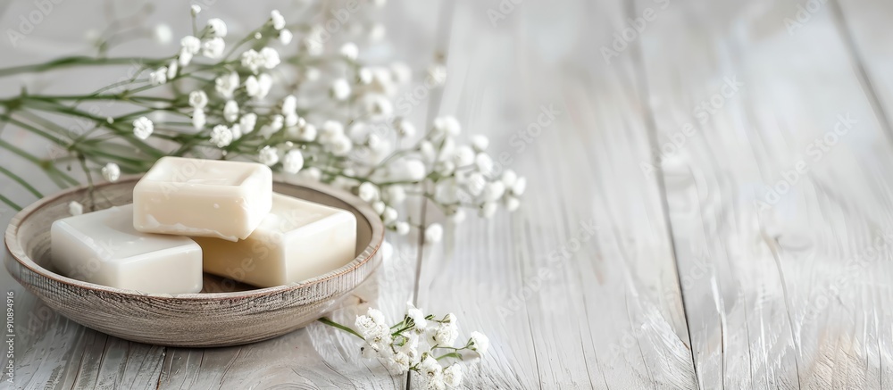 Aufkleber White wooden table with soap blocks no isolated with copy space image