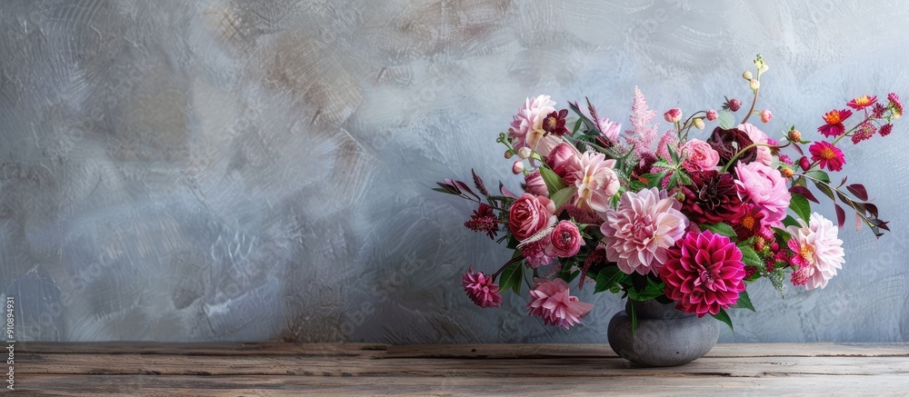 Poster lovely arrangement of fresh flowers displayed on a wooden table against a grey wall with a designate