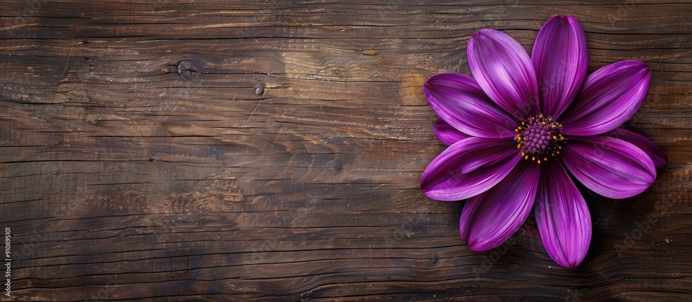 Poster Floral arrangement featuring a vibrant purple blossom placed on a rustic wooden surface with visible empty area for custom text or graphics a copy space image