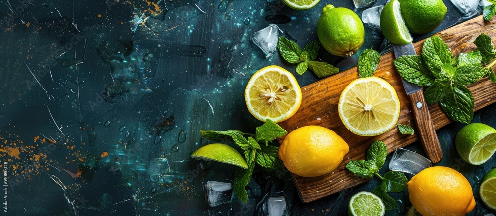 Poster A half of a yellow lemon and a knife on a wooden cutting board along with fresh mojito drinks with lime and lemon creating a composition of delicious citrus fruits Copy space image