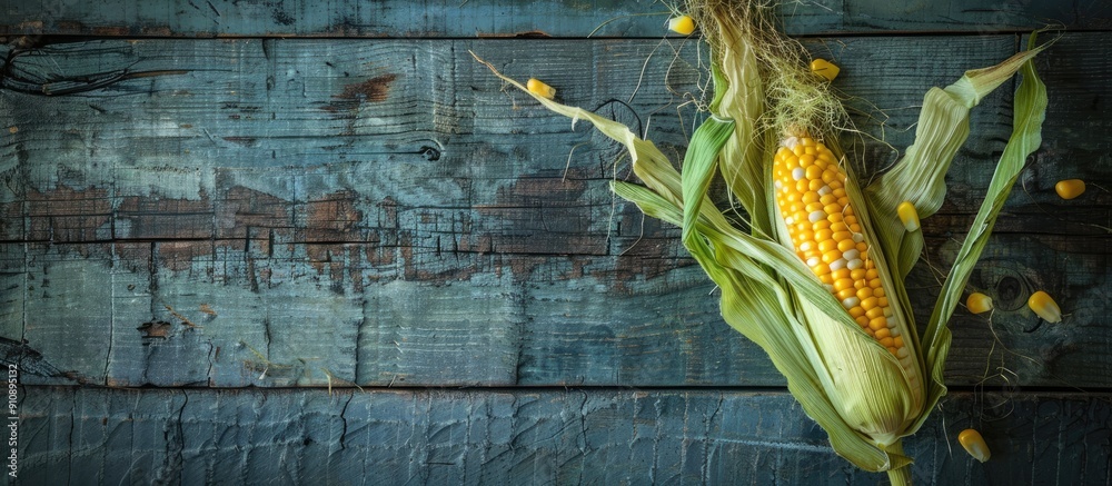 Poster Top view of a fresh sweet corn cob in its natural husk on a wooden surface with empty space for adding images. Creative banner. Copyspace image