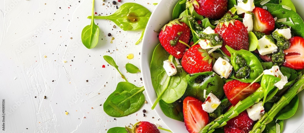 Poster a vibrant salad featuring strawberries spinach asparagus and feta with a pesto dressing offering a b