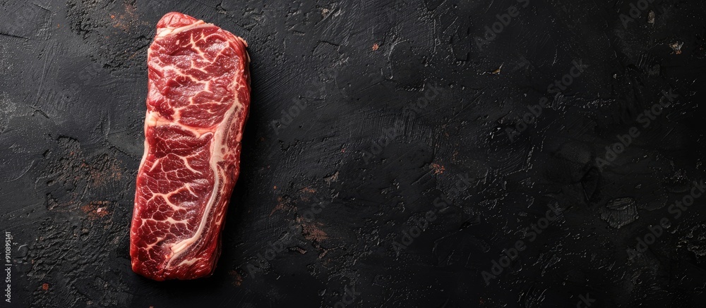 Poster top view of raw striploin steak or new york strip loin on black background with copy space image