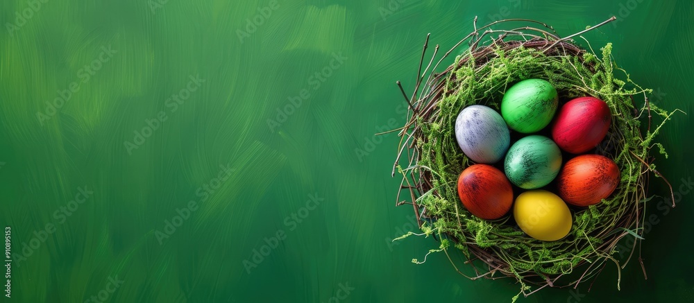 Aufkleber Easter themed setting depicting colorful eggs nestled in a nest on a lush green background suitable for a copy space image