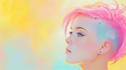 A stylish girl with pastel pink hair and a shaved side, in a bright and colorful digital painting style, highlighting her unique hairstyle