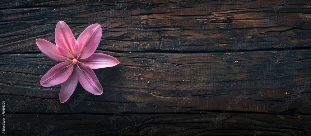 Aufkleber pink rain lily flower on aged wooden surface ideal for spa decor theme featuring a dark rustic ambia