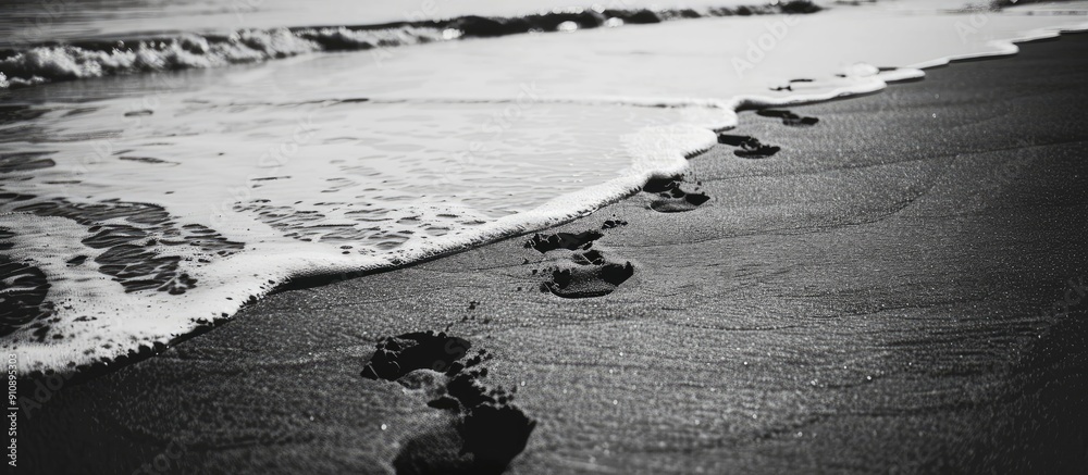 Poster monochrome image of human footprints on a sandy beach by the sea coast symbolizing vacation travel a