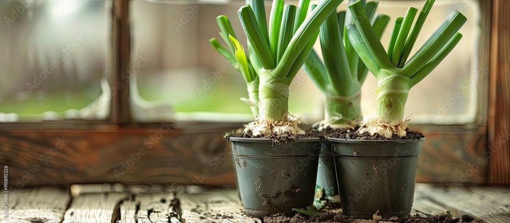 Poster Three regrown leeks in a bucket with garden soil displayed on a wooden background with out of focus windowsill gardening setting emphasizing no food waste and providing copy space image