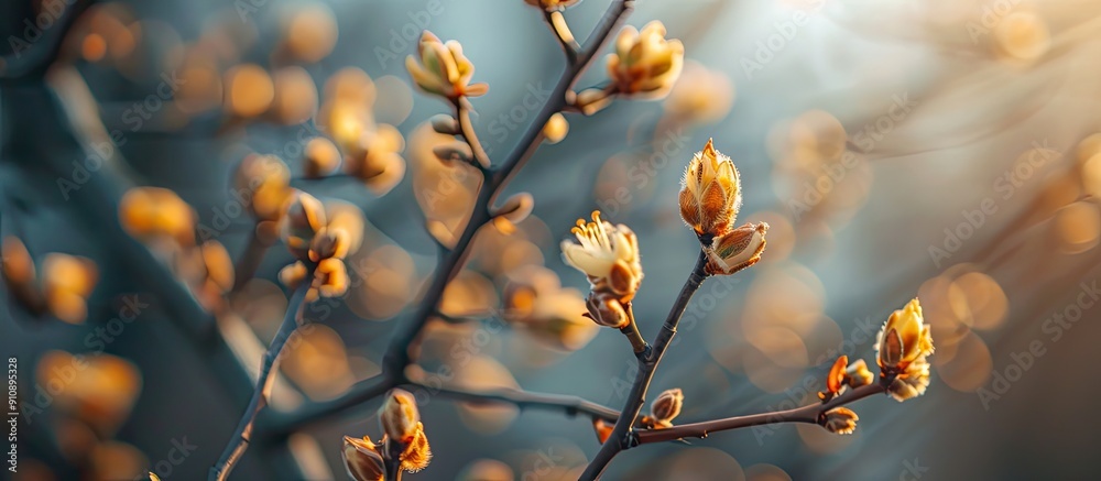 Poster Selective focus on tree buds opening in early spring with a background suitable for copy space image