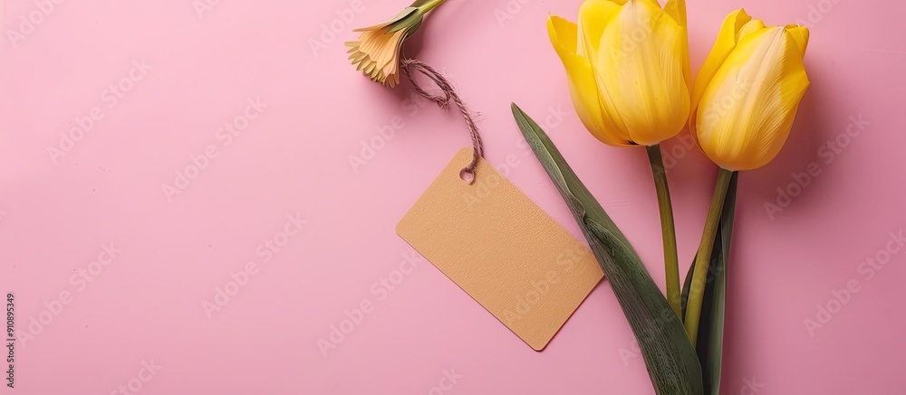 Aufkleber yellow tulip with card note and tag on pink background in a flat lay top view conveying a concept fo