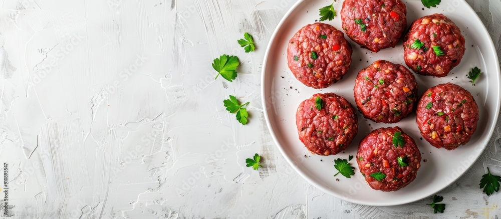 Aufkleber an overhead shot of homemade raw meat patties on a white background with room for text or other elem