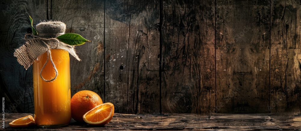 Poster orange juice with copy space image on wooden table over rustic background