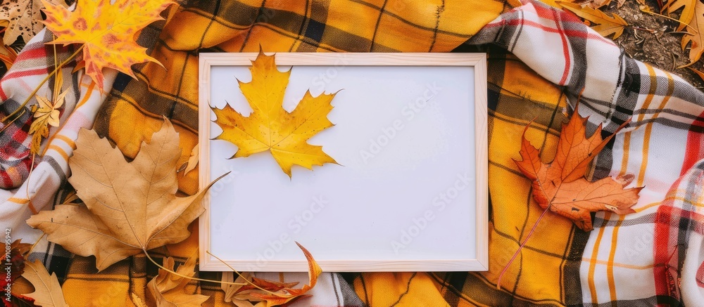 Poster Top view of an empty white board surrounded by autumn themed elements like a maple leaf on a checkered yellow scarf perfect for a copy space image