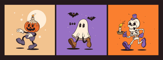 Retro groovy Halloween mascot set. Isolated cartoon vector funny characters, jack o lantern, ghost and skeleton with a candle, with spooky and funny expression during party night celebration