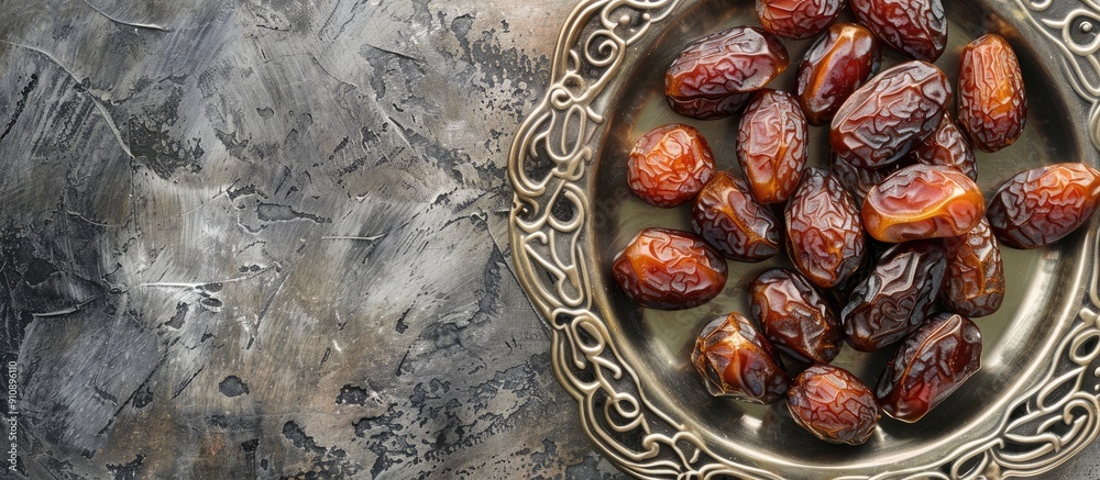 Poster Top view of dried dates placed on a shiny silver tray with empty space in the image for customization. Creative banner. Copyspace image