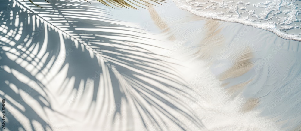 Aufkleber abstract white sand beach background with a palm leaf shadow and sun reflections on water creating a