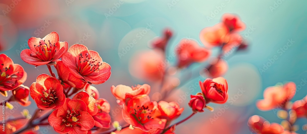 Leinwandbilder vivid red japanese quince flowers set against the backdrop of the sky on a flowering shrub the image