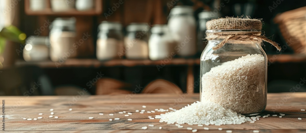Poster Selective focus on rice in a glass jar on the table with a blank background perfect for a copy space image