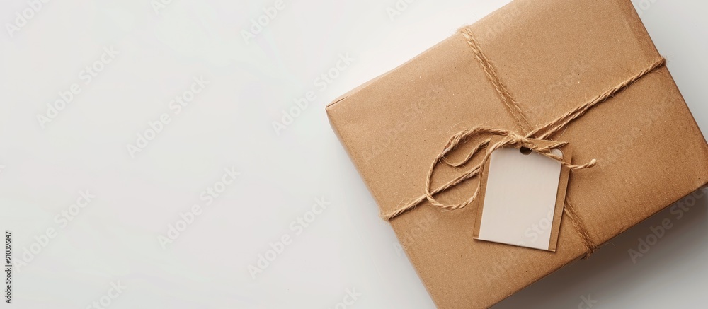 Leinwandbilder top view of a parcel box wrapped in craft paper with an empty label mockup on a white background pro