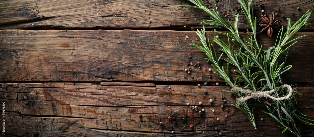 Poster Rosemary is tied to a wooden surface with spices surrounding it creating a visually appealing copy space image from a top down perspective