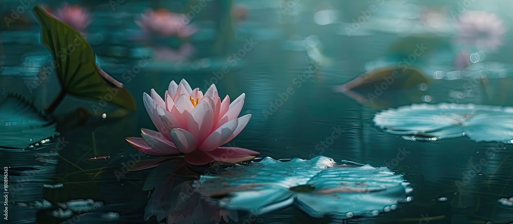 Poster side view of a blooming small lotus in a pond suitable as a mobile wallpaper or background with copy