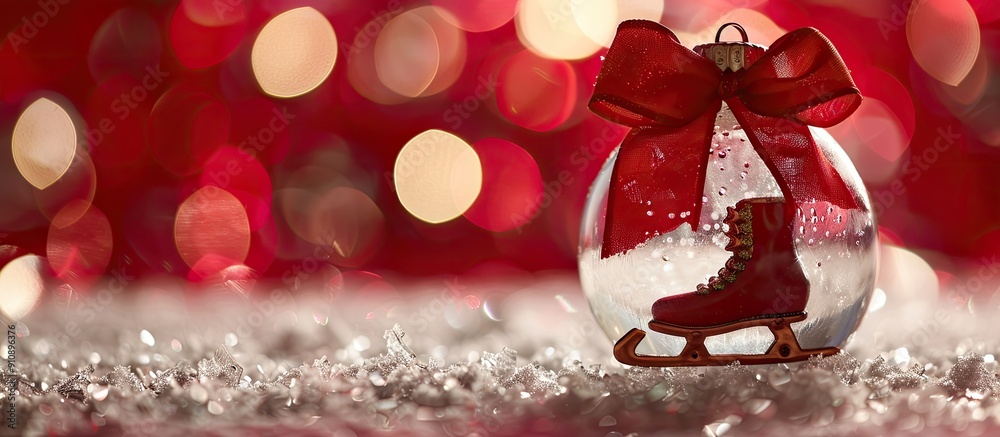 Poster A holiday bauble with ice skates on a colorful backdrop featuring a red bow and room for text or a picture. Creative banner. Copyspace image