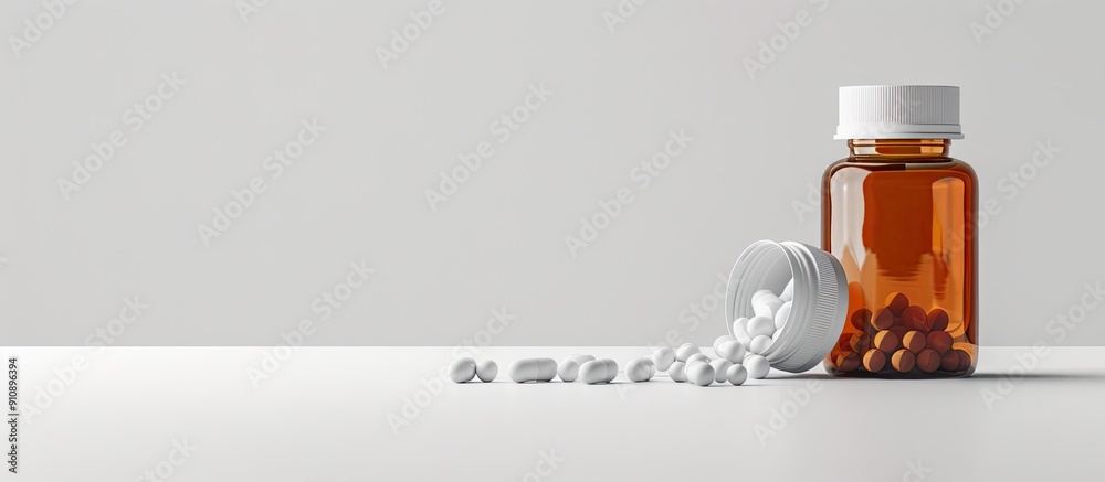 Poster Pills overflowing from a bottle onto a white surface with room for a copy space image