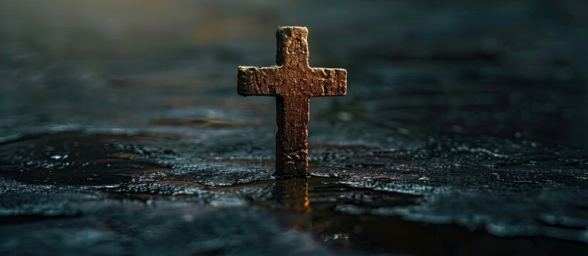 The religious symbol known as the Sacred Cross iconic element often associated with Christianity represents faith and sacrifice in Christianity. Creative banner. Copyspace image