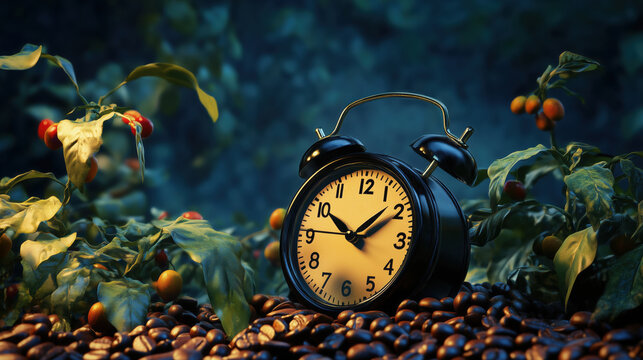 Nature Inspired Time: Black Analog Clock Surrounded by Coffee Beans and Plants in Moody Lighting - Realistic Digital Art with Vibrant Colors and High Detail