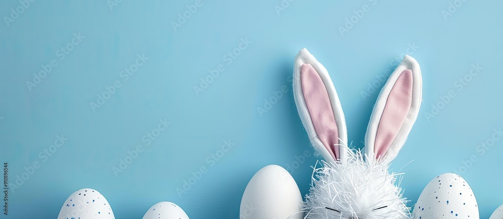 Poster easter themed image with bunny ears and white eggs set against a blue backdrop perfect for a copy sp