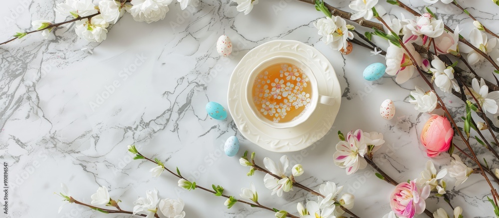 Poster easter themed mock up featuring a teacup flowers and marble background with copy space image