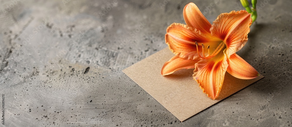 Poster mockup of a business card on brown paper featuring an orange day lily on a gray concrete surface wit