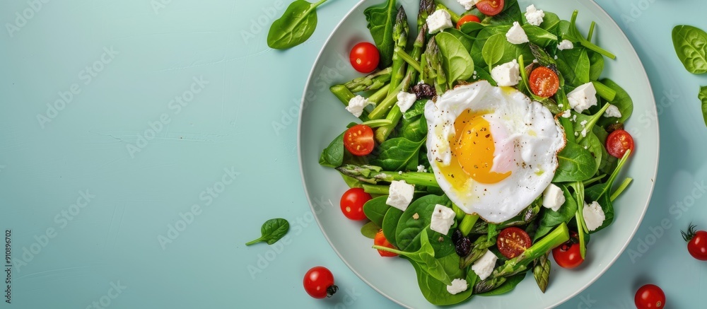 Poster Top view of vegan warm asparagus salad with spinach cherry tomatoes feta cheese and a poached egg on a light blue background with space for text or images. Creative banner. Copyspace image