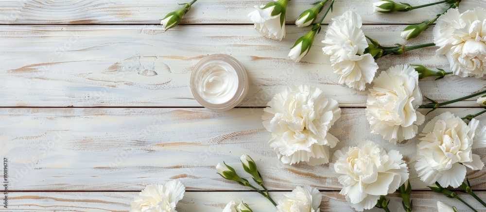 Poster Night cream displayed with white carnation flowers on a bright wooden table background creating an elegant presentation with copy space image