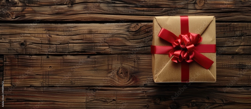 Leinwandbilder wooden backdrop showcasing a gift box tied with a red ribbon viewed from above with ample copy space