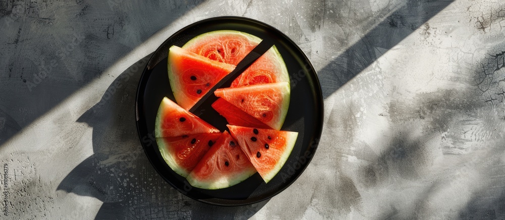 Aufkleber Top view of watermelon slices on a black plate against a concrete surface with shadows cast by the summer sun Includes copy space image