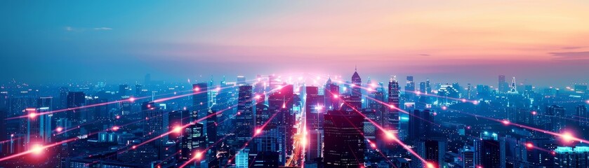 Obraz premium futuristic cityscape at sunset with glowing lines connecting buildings - urban modern technology concept.