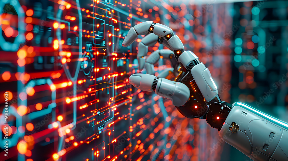 Poster robot hand pressing on virtual digital screen big data connection technology ai machine learning ide